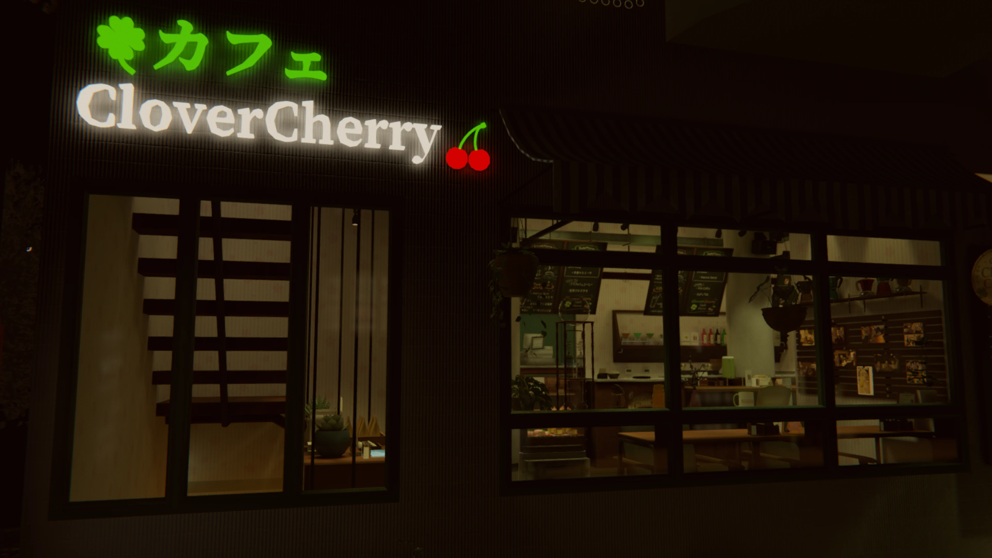 夜のカフェCloverCherryの外観
